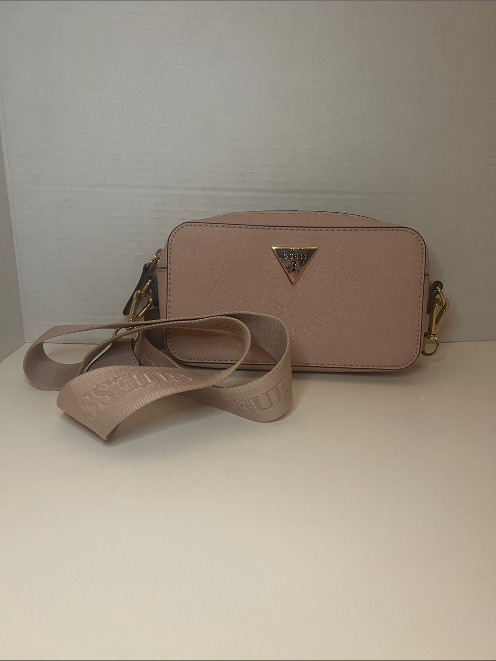 GUESS Pink Saffiano Faux Leather Crossbody Bag Webbed Strap Minimalist Classic